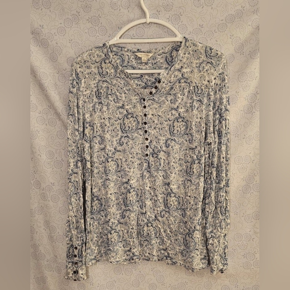 Lucky Brand Womens Paisley Henley Blouse Large Blue White Boho Long Sleeve Top